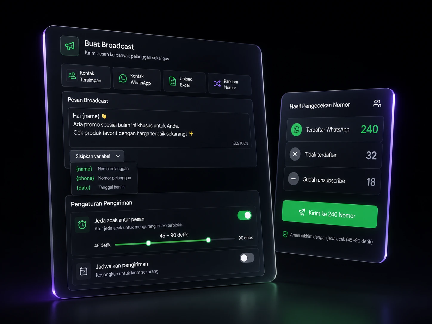 Panel Buat Broadcast dengan pengaturan jeda acak antar pesan dan hasil pengecekan nomor WhatsApp