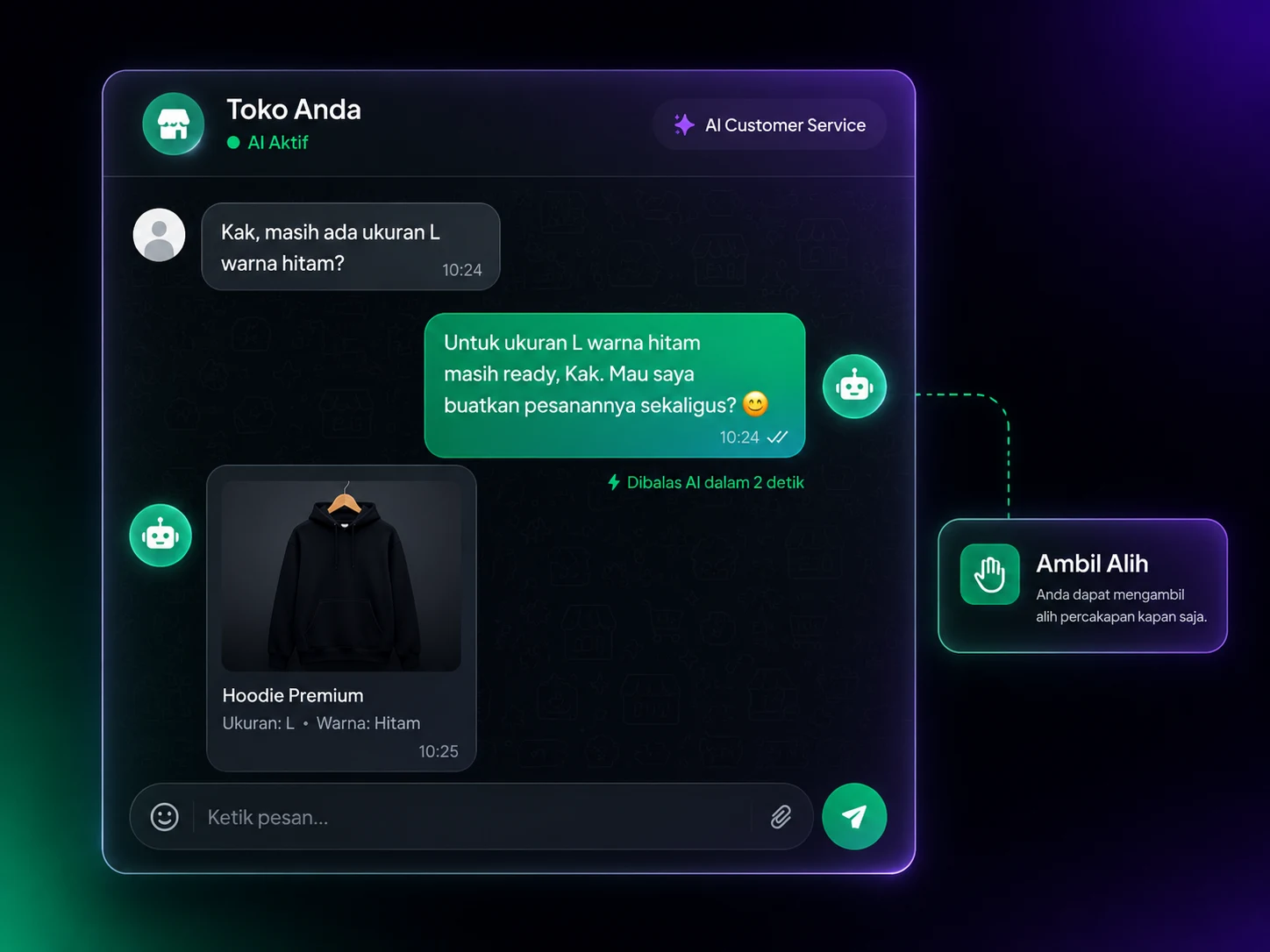 AI menjawab pertanyaan produk, harga, dan stok sesuai gaya bicara bisnis Anda — lengkap dengan foto produk, lokasi toko, dan transkrip pesan suara.